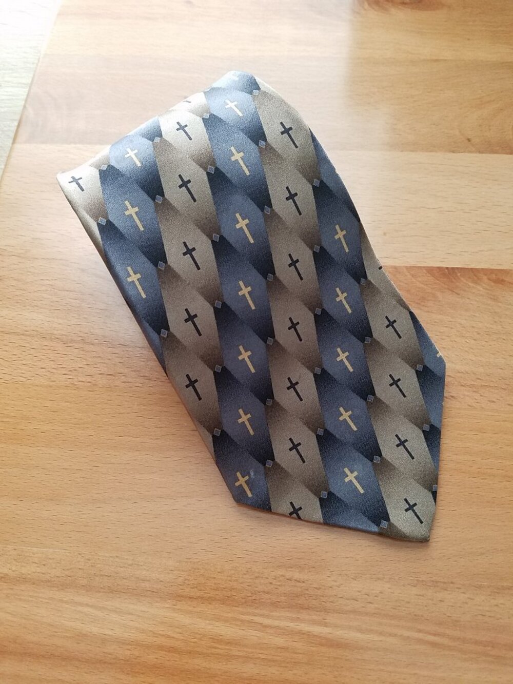Larson Men's 100% Silk Christian Religious Necktie Cross Blue Tan Brown